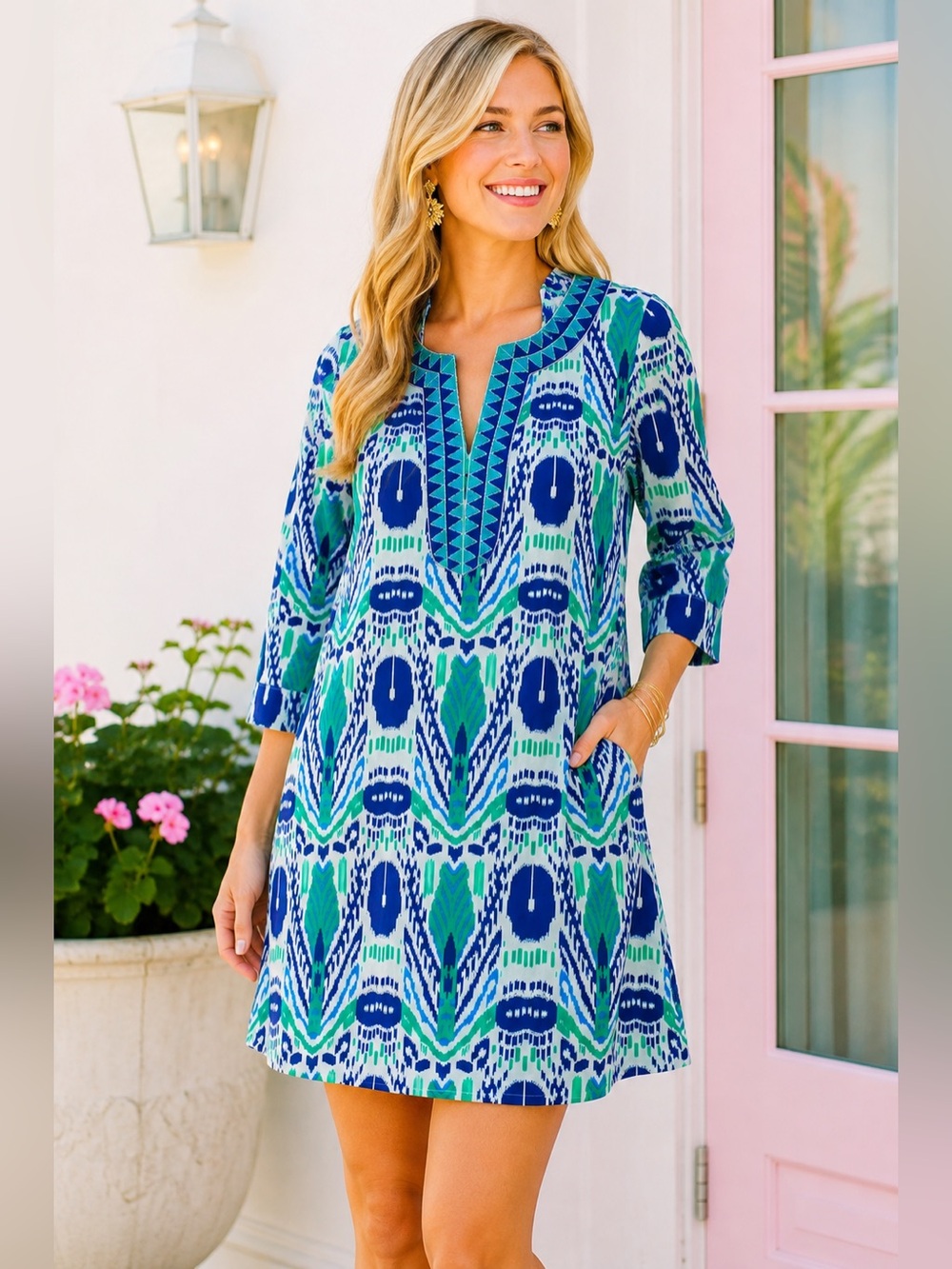 Liza Byrd XXL Blue Green Ikat Embroidered Cotton Tunic Shift Dress Fits As Large